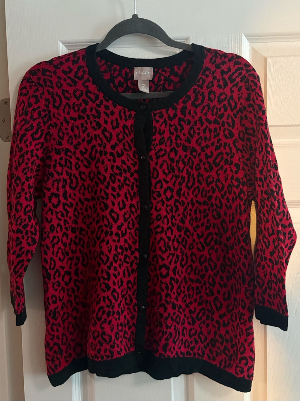 Chico's leopard print button up cardigan sweater 100% cotton red black comfy L